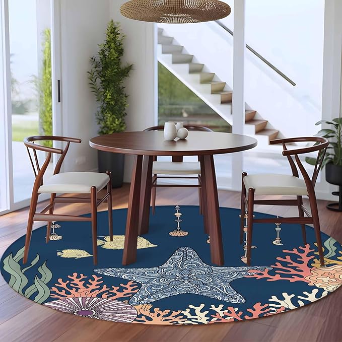 Washable Round Area Rug Ocean Starfish Coral Fish Circle Rugs Floor Carpet for Living Room Bedroom, Underwater Creature on Navy Blue Soft Non Slip Round Rug 5ft