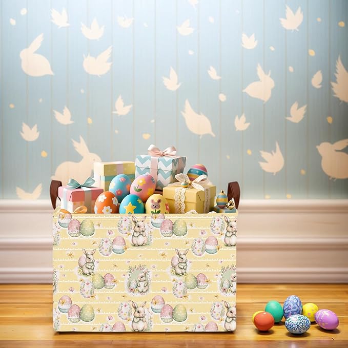 Kid Large Empty Easter Basket Gift Personalized Fabric Bunny Easter Basket for Boy and Girl Room Decor Storage Bin (Rabbit Easter Egg Butterfly Yellow)