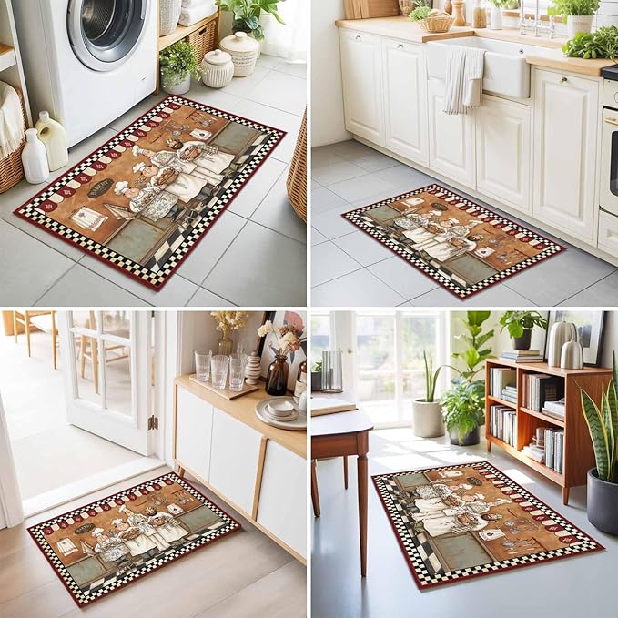 Area Rug 2x3ft, Farmhouse Cartoon Chef Washable Rugs for Living Room Bedroom, Cooking Theme Black White Checkered Soft Non-Slip Area Rugs Rectangle Floor Carpet for Dining Room