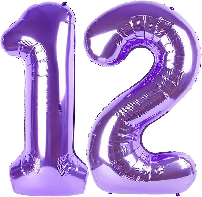 Purple 12 Year Old Balloons Birthday, 12 Balloon Number for Girl Boy Baby Shower, Balloon Number 40 Inch for 12 21 Graduation Party Wedding Anniversaries Celebration