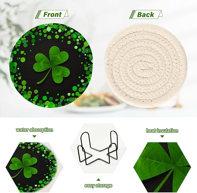 YETTASBIN St. Patrick's Day Shamrock 6 Pcs Drink Coasters with Holder, Cotton Woven Absorbent Heat-Resistant Round Coaster Non-Slip Table Mat for Kitchen Bar Home Decor Housewarming Gift, 3.9 in