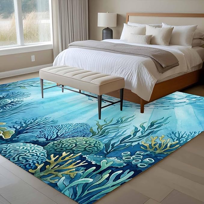 Area Rug 6x9ft, Underwater World Coral Seaweed Washable Rugs for Living Room Bedroom, Seafloor Ocean Life Fish Soft Non-Slip Area Rugs Rectangle Floor Carpet for Dining Room