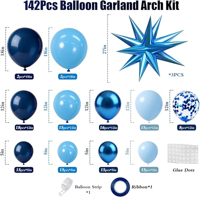 Blue Balloon Arch Kit Garland with Star Balloons for 2026 Graduation Decorations Birthday for Boys Men Father Baby Shower Prom Wedding Under Sea Pool Party Anniversary Decorations