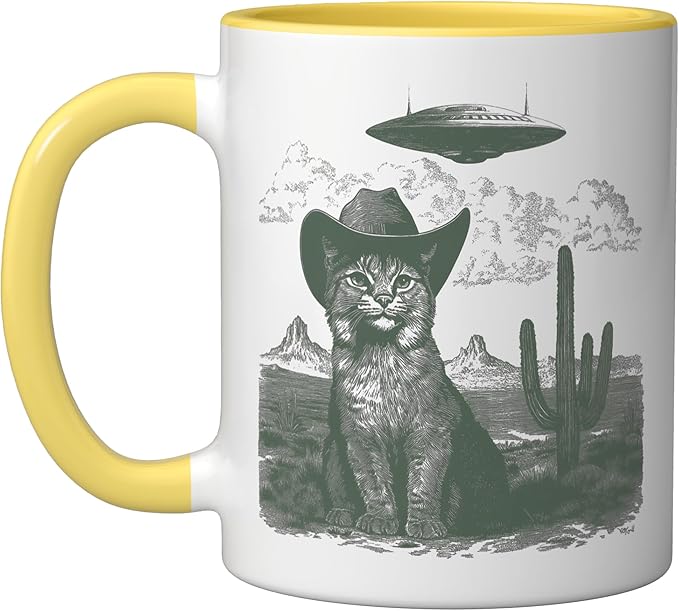 Feline in Hat UFO Sighting Arid Wilderness Cat Design Ceramic Mug, Yellow/White