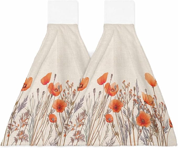 Alandar Home Kitchen Tie Towel Set of 2, Watercolor Garden Flower Plant Absorbent Soft Hand Towels for Bathroom Hanging Towels, Blossom Poppy Floral on Burlap Fast Drying Cleaning Cloth with Loop