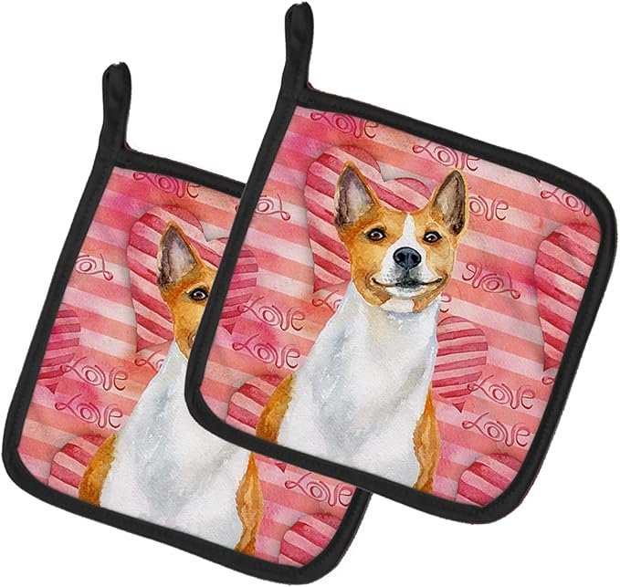 Caroline's Treasures BB9779PTHD Basenji Love Pair of Pot Holders, Red Kitchen Heat Resistant Pot Holders Sets Oven Hot Pads for Cooking Baking BBQ, 7 1/2 x 7 1/2