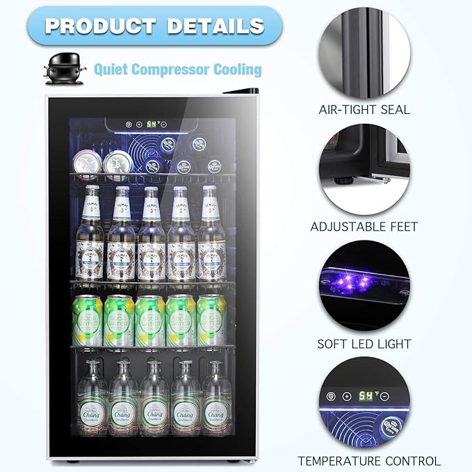 Antarctic Star Beverage Refrigerator Cooler -120 Can Mini Fridge Glass Door for Soda Beer or Wine Constant Glass Door Small Drink Dispenser Clear Front for Home, Office Bar 3.2cu.ft