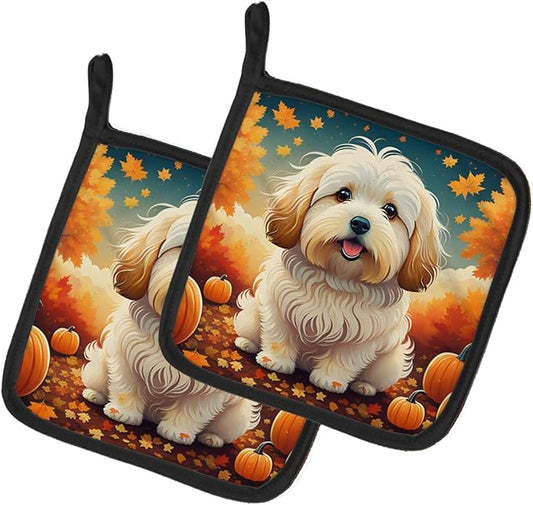 Caroline's Treasures DAC1041PTHD Coton De Tulear Fall Pair of Pot Holders Kitchen Heat Resistant Pot Holders Sets Oven Hot Pads for Cooking Baking BBQ, 7 1/2 x 7 1/2