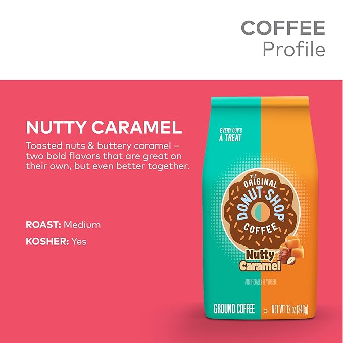 The Original Donut Shop Coffee, Nutty Caramel, Medium Roast, Flavored Ground Coffee, 12 oz Bag (Pack of 2)