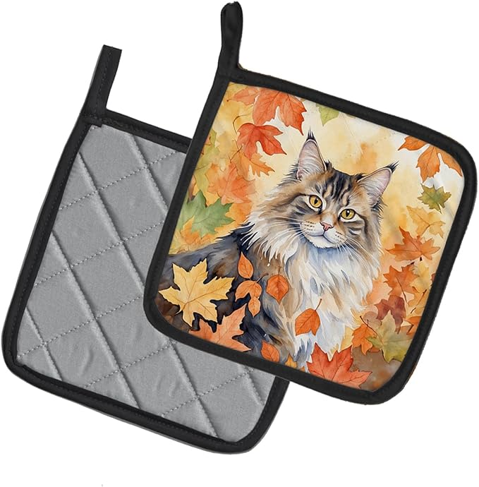 Caroline's Treasures Norwegian Forest Cat in Fall Leaves Pair of Pot Holders Kitchen Heat Resistant Pot Holders Sets Oven Hot Pads for Cooking Baking BBQ, 7 1/2 x 7 1/2