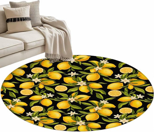 Washable Round Area Rug Summer Lemon Flower Circle Rugs Floor Carpet for Living Room Bedroom, Plant on Black Soft Non Slip Round Rug 4ft