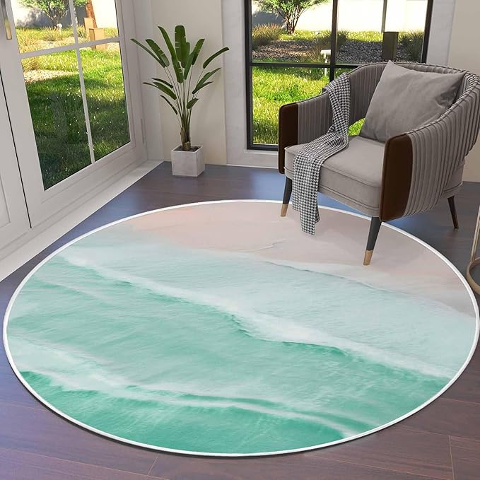 Round Area Rug,Summer Beach Green Water Ripples Circle Living Room Rug Non-Slip Rugs Indoor Carpet,Coastal Seaside Waves Soft Comfort Rugs for Bedroom KidsRoom Nursery