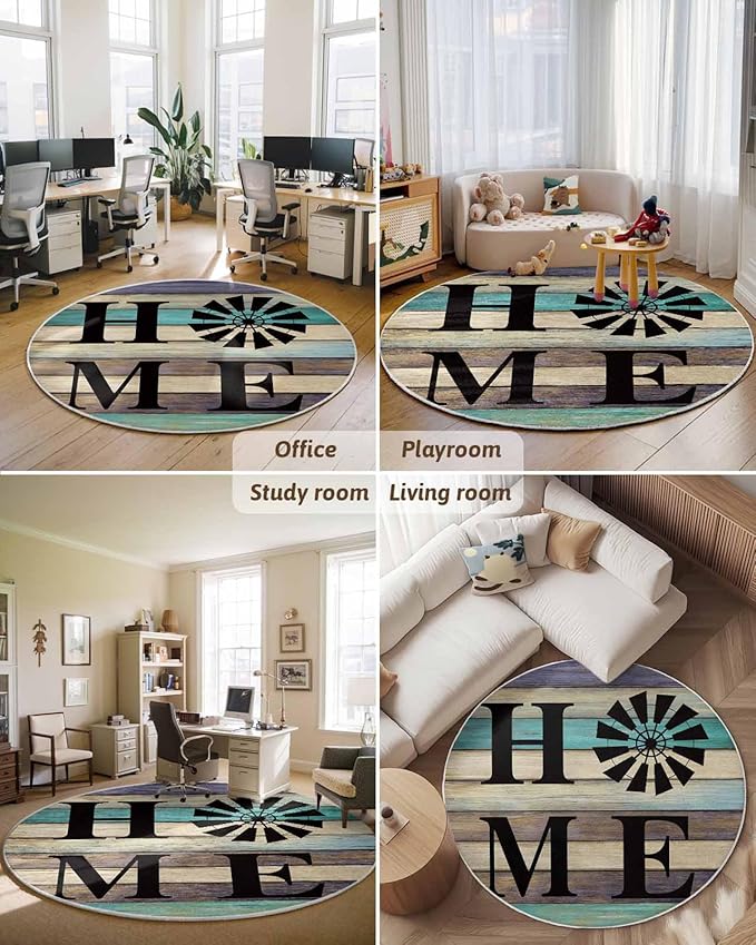 Round Area Rug,Farm Home Windmill Circle Living Room Rug Non-Slip Rugs Indoor Carpet,Farmhouse Vintage Wood Board Soft Comfort Rugs for Bedroom KidsRoom Nursery