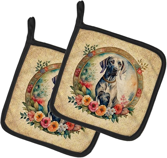 Caroline's Treasures Weimaraner and Flowers Pair of Pot Holders Kitchen Heat Resistant Pot Holders Sets Oven Hot Pads for Cooking Baking BBQ, 7 1/2 x 7 1/2