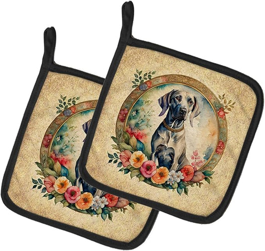 Caroline's Treasures Weimaraner and Flowers Pair of Pot Holders Kitchen Heat Resistant Pot Holders Sets Oven Hot Pads for Cooking Baking BBQ, 7 1/2 x 7 1/2