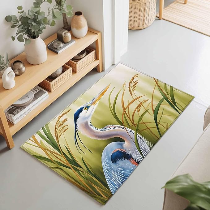 Area Rug 2x3ft, Natural Bird Wetland Landscape Washable Rugs for Living Room Bedroom, Wild Heron Grass Soft Non-Slip Area Rugs Rectangle Floor Carpet for Dining Room