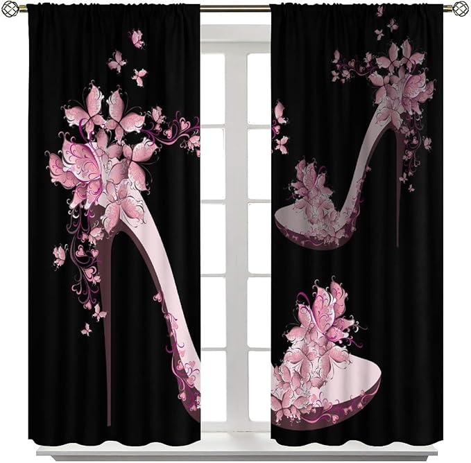 Heels Shoes Window Curtain,Retro Lady Women Pink Floral Butterfly Print Home Deocr Curtains for Kitchen Cafe Bedroom Dining Room Office Living Room Drapes, 42x54 in