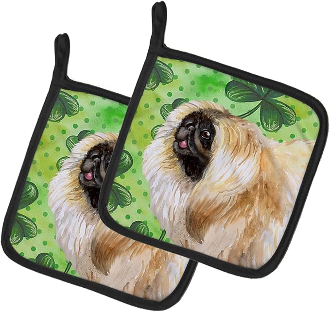 Caroline's Treasures BB9855PTHD Pekingese St Patrick's Pair of Pot Holders, Green Kitchen Heat Resistant Pot Holders Sets Oven Hot Pads for Cooking Baking BBQ, 7 1/2 x 7 1/2