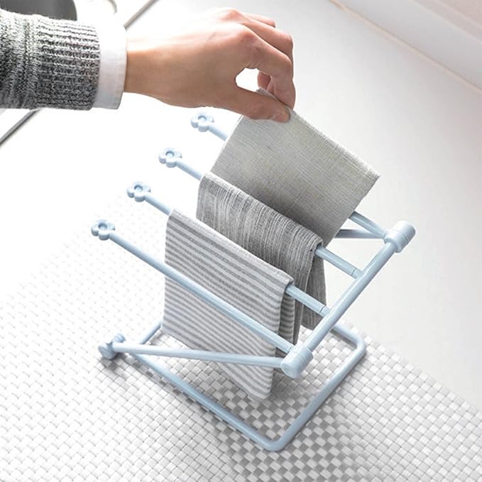 GOTOTOP Folding Towel Drying Rack with 4 Arms, Hanging Towel Holder for Kitchen Organization, Well Organized, Easy to Take (Light Blue)