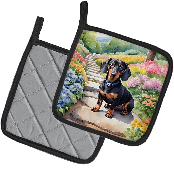 Caroline's Treasures Dachshund Spring Path Pair of Pot Holders Kitchen Heat Resistant Pot Holders Sets Oven Hot Pads for Cooking Baking BBQ, 7 1/2 x 7 1/2