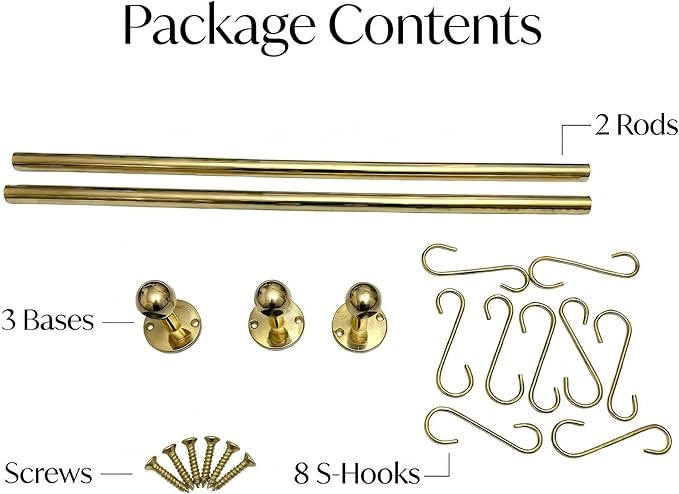 Unlacquered Brass Pot Rail with S Hooks – Wall Mounted Kitchen Organizer for Pots & Pans - Solid Brass Pot Rack Rod (32 inch)