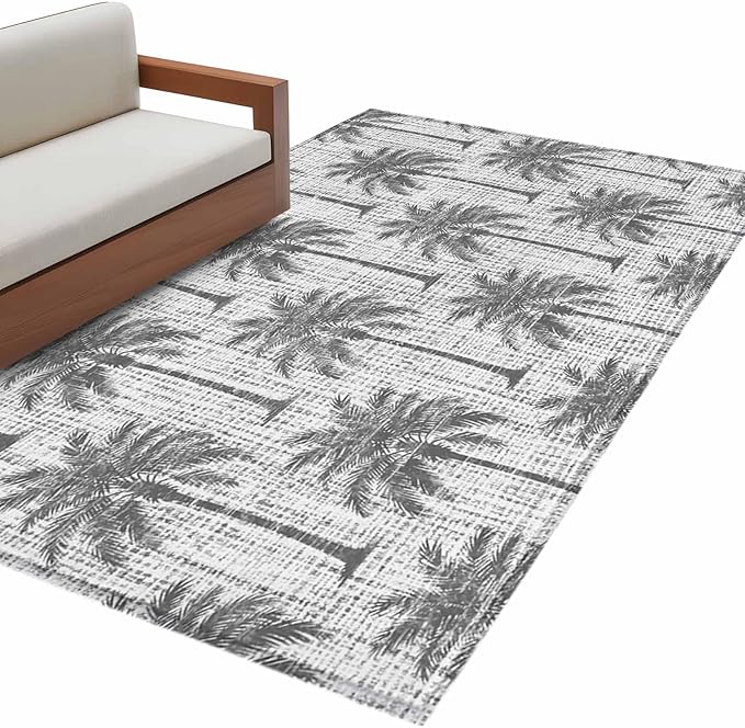 Area Rug 4x6ft, Summer Palm Tree Retro Linen Washable Rugs for Living Room Bedroom, Tropical Gray Botanical Soft Non-Slip Area Rugs Rectangle Floor Carpet for Dining Room