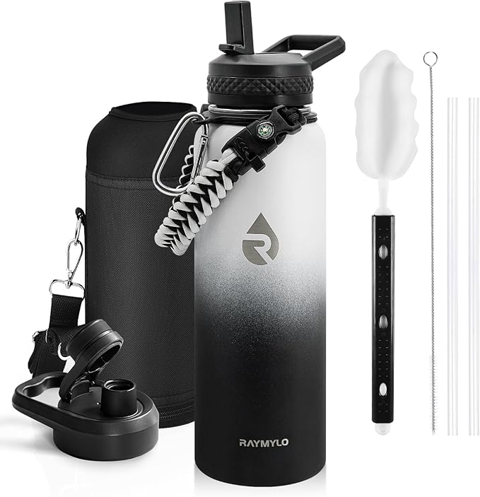 RAYMYLO Insulated Water Bottle 40 oz, Triple Wall Vacuum Stainless Steel (Cold for 36Hrs, Hot for 18Hrs), Leak Proof & Non-BPA, Modern Water Flask Jug with Paracord Handle & Straw Spout Lids