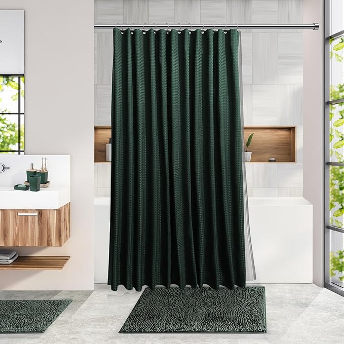 Clara Clark Bathroom Accessories Set - 27PC Bathroom Set with Adhesive Corner Shower Caddy Hanging, Bathroom Sets with Shower Curtain and Rugs, Hunter Green Shower Curtain Set with Bathroom Trash Can