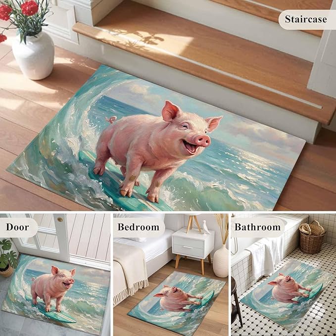 Area Rug 2x3ft, Surfing Farm Pink Pig Washable Rugs for Living Room Bedroom, Summer Blue Sea Wave Beach Soft Non-Slip Area Rugs Rectangle Floor Carpet for Dining Room