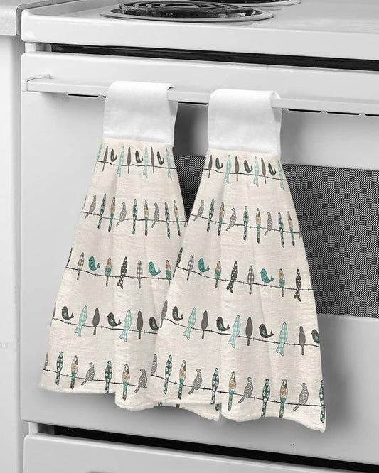 Alandar Home Kitchen Tie Towel Set of 2, Buffalo Check Floral Texture Bird Animal Absorbent Soft Hand Towels for Bathroom Hanging Towels, Vintage Burlap Cotton Fast Drying Cleaning Cloth with Loop