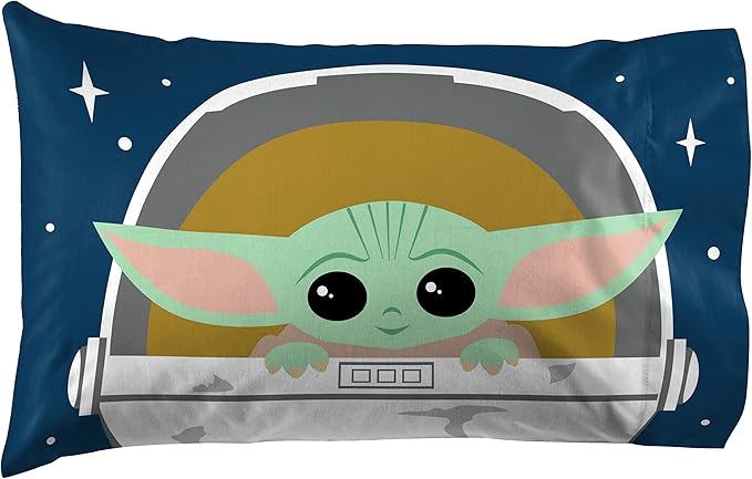 Jay Franco Kids Sheet Set with Fitted, Flat Sheets & Pillow Cover - Ultra-Soft Bedding with Pillowcase for Room Decor, Blue - Mandalorian, 4 Piece Queen