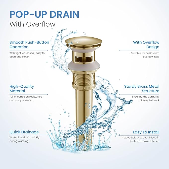KIBI Bathroom Sink Pop-Up Drain with Overflow (Full Cover) | Lavatory Vanity Drain Stopper | Durable Leak-Proof Sink Drain for Bathroom, Kitchen, and Lavatories | Brushed Gold, KPW102