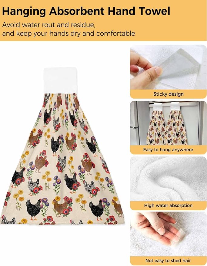 Alandar Home Kitchen Tie Towel Set of 1, Farm Chicken Colorful Poppy Absorbent Soft Hand Towels for Bathroom Hanging Towels, Spring Floral on Beige Fast Drying Cleaning Cloth with Loop
