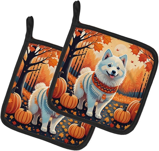 Caroline's Treasures DAC1006PTHD American Eskimo Fall Pair of Pot Holders Kitchen Heat Resistant Pot Holders Sets Oven Hot Pads for Cooking Baking BBQ, 7 1/2 x 7 1/2