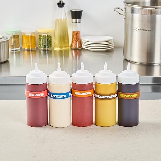 Restaurantware Silicone Squeeze Bottle Band 10 Count 2.75 Inch Dishwasher Safe Condiment Identification Band, Medium Orange Non-Slip Label Band for Condiment Labeling at Restaurants, Food Trucks