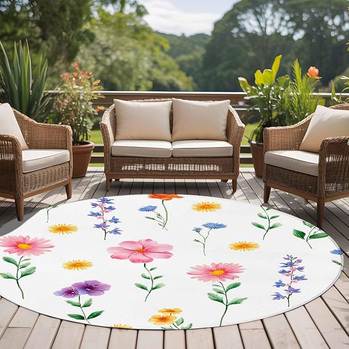 Washable Round Area Rug Watercolor Farmhouse Flower Circle Rugs Floor Carpet for Living Room Bedroom, Yellow Pink Purple Blue Floral Soft Non Slip Round Rug 5ft