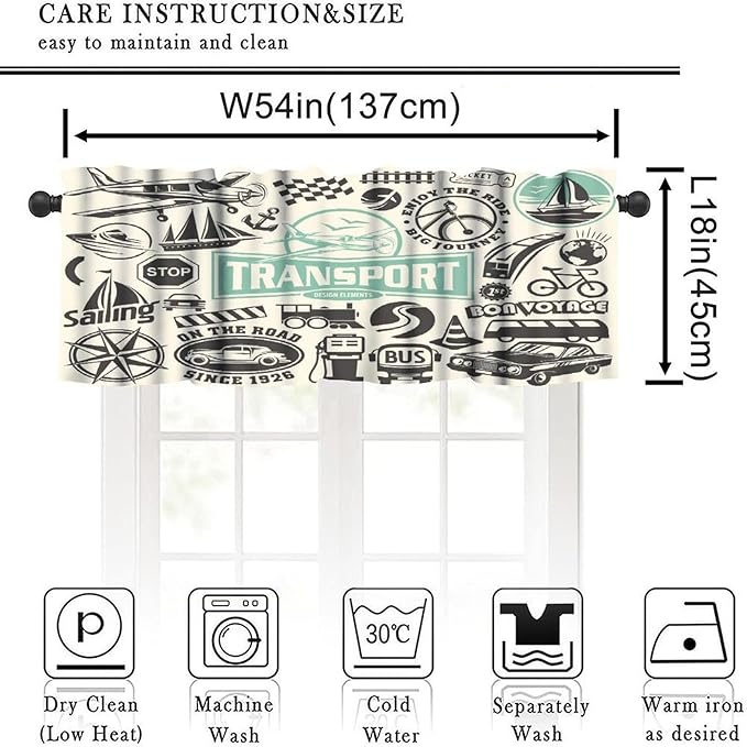 Retro Valances Curtains Garage Symbol Car Transportation Vehicle Icon Set,Design Elements of Car Logo Windows Short Curtain Valance for Kitchen Bedroom with Rod Pocket, One Panel 54X18 Inches