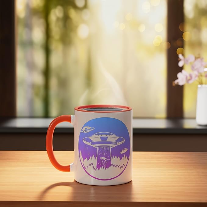 Flying Saucer UFO, Astronauts are Aliens Ceramic Mug, Orange/White
