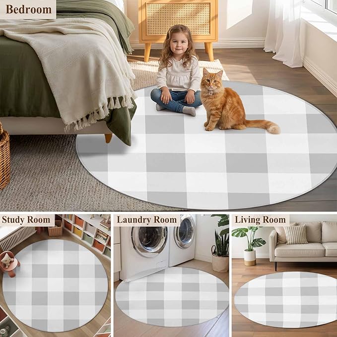 Washable Round Area Rug Light Grey White Plaid Circle Rugs Floor Carpet for Living Room Bedroom, Farmhouse Decoration Buffalo Check Soft Non Slip Round Rug 5ft