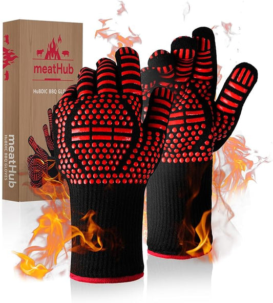 BBQ Gloves Heat and Flame Resistant Protection - Oven and Grill Gloves Hand Protection, Extended Wrist for Addtional Safety, Ideal for Outdoor Cooking, Grilling, Barbeque and Campfire (Red)