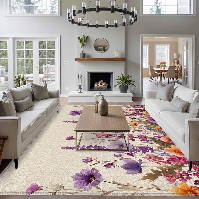Area Rug 6x9ft, Country Flower Purple Lavender Plant Washable Rugs for Living Room Bedroom, Retro Linen Soft Non-Slip Area Rugs Rectangle Floor Carpet for Dining Room