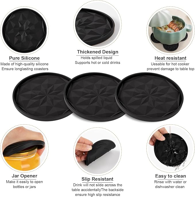 OIAHOMY 8 Pcs Coasters with Holder for Beer, Coffee, Silicone Coaster Set for Table Decor for Kitchen, Bar, Dining Room, Living Room, Housewarming Gifts - Black