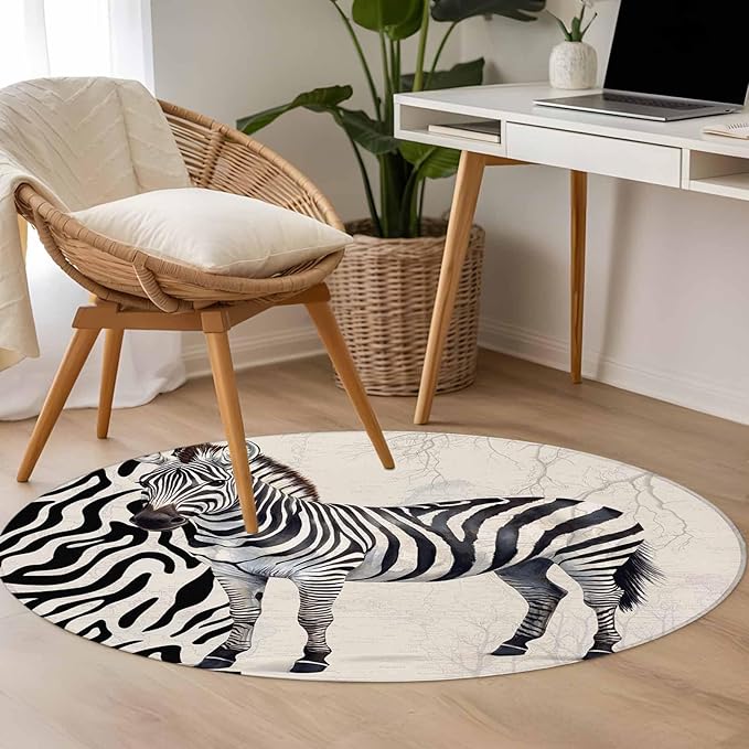 Washable Round Area Rug Zebra Black Stripe Animal Portrait Circle Rugs Floor Carpet for Living Room Bedroom, Vintage Tree Branch Soft Non Slip Round Rug 4ft