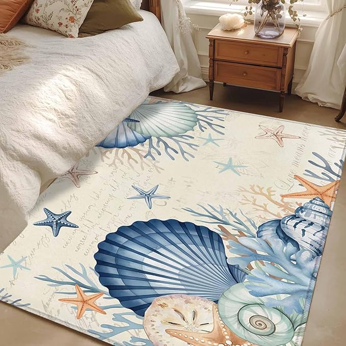 Area Rug 4x6ft, Summer Blue Shells Starfish Washable Rugs for Living Room Bedroom, Vintage Coral Shells Fish Soft Non-Slip Area Rugs Rectangle Floor Carpet for Dining Room