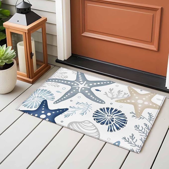 Area Rug 2x3ft, Ocean Starfish Shell Conch Washable Rugs for Living Room Bedroom, Sea Blue Coral Seamless Soft Non-Slip Area Rugs Rectangle Floor Carpet for Dining Room