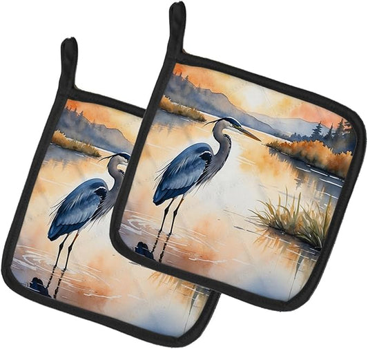 Caroline's Treasures Blue Heron in The Golden Hour Pair of Pot Holders Kitchen Heat Resistant Pot Holders Sets Oven Hot Pads for Cooking Baking BBQ, 7 1/2 x 7 1/2