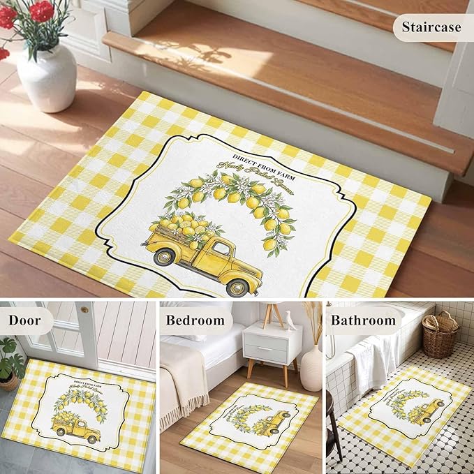 Area Rug 2x3ft, Farm Yellow Truck Lemon Fruit Washable Rugs for Living Room Bedroom, Flower Leaves Buffalo Plaid Soft Non-Slip Area Rugs Rectangle Floor Carpet for Dining Room