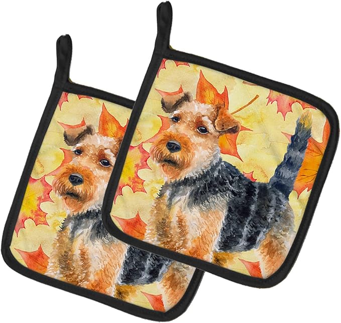Caroline's Treasures BB9961PTHD Welsh Terrier Fall Pair of Pot Holders, Yellow Kitchen Heat Resistant Pot Holders Sets Oven Hot Pads for Cooking Baking BBQ, 7 1/2 x 7 1/2