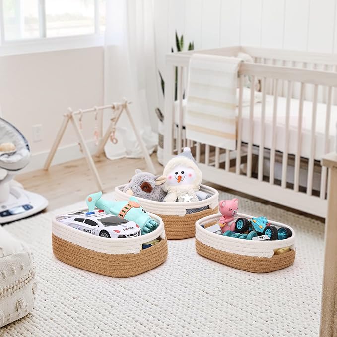 7 Piece Cotton Rope Woven Basket Set - Small Basket for Baby Nursery, Pets, Montessori, Dog & Cat Toy Boxes, Bathroom Organization Bins (White/Jute)