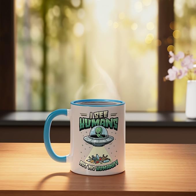 Aliens UFO Extraterrestrial Space Flying Saucer No Humanity Ceramic Mug, Blue/White